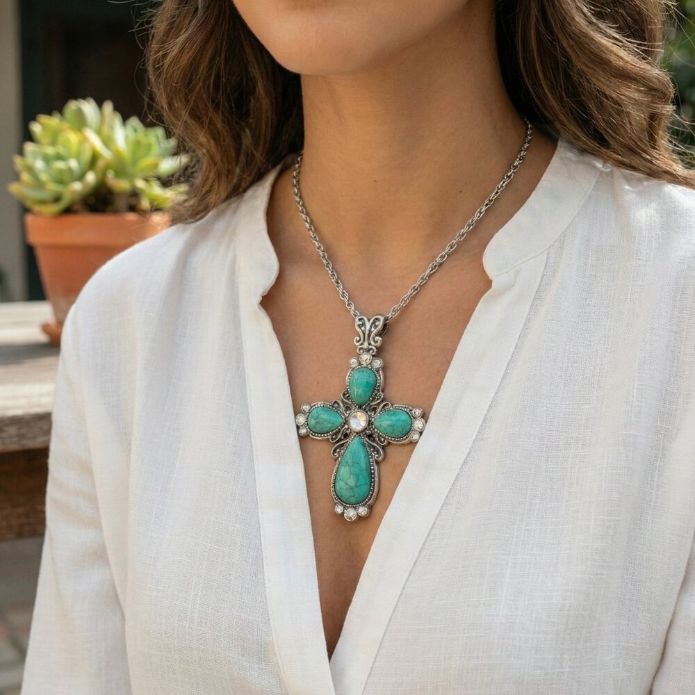 Southwestern Faux Turquoise and Rhinestone Cross Pendant Necklace Silver Tone